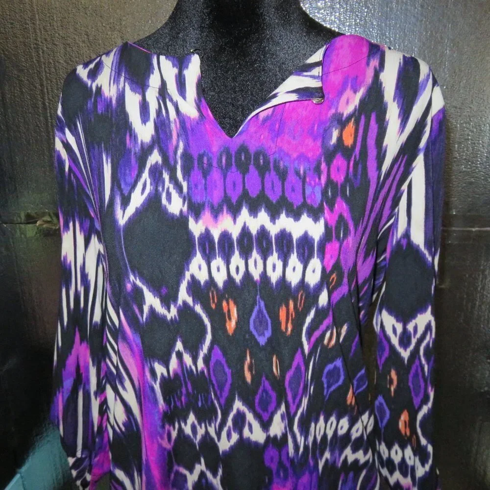 BOGO Jones New York Boho Abstract Purple pink black tunic blouse Top LG Petite - Picture 3 of 8